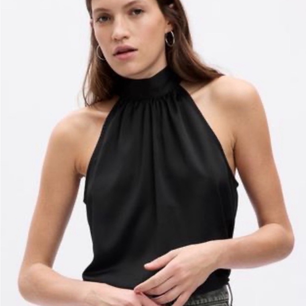 Gap Black Satin Sleeveless Halter Tie Neck Blouse XL Tall